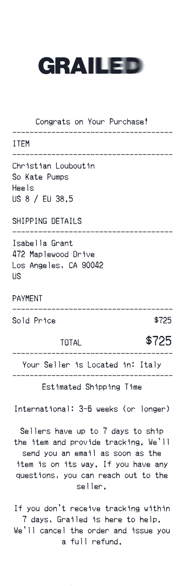 Create a Grailed receipt online Grailed receipt template preview - free retail receipt generator