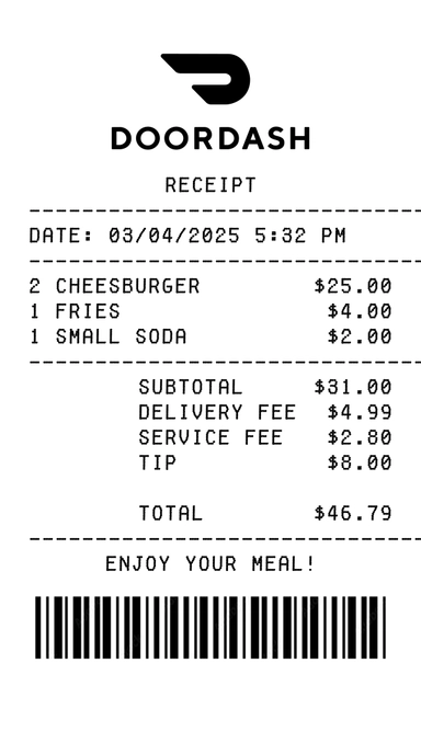 Create a Doordash receipt online Doordash receipt template preview - free retail receipt generator