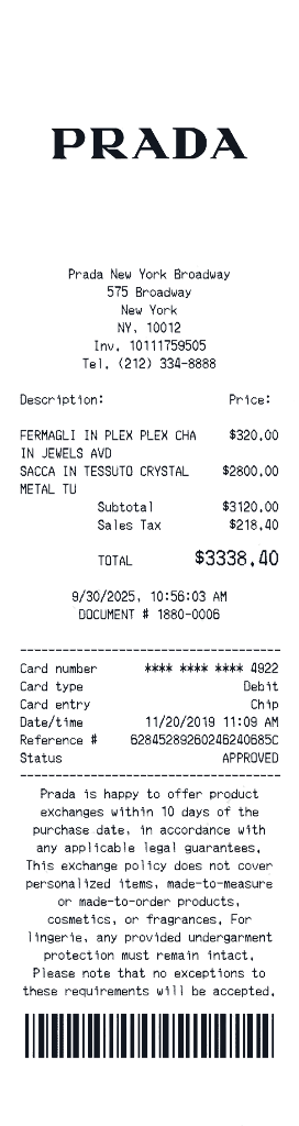 Create a Prada receipt online Prada receipt template preview - free retail receipt generator