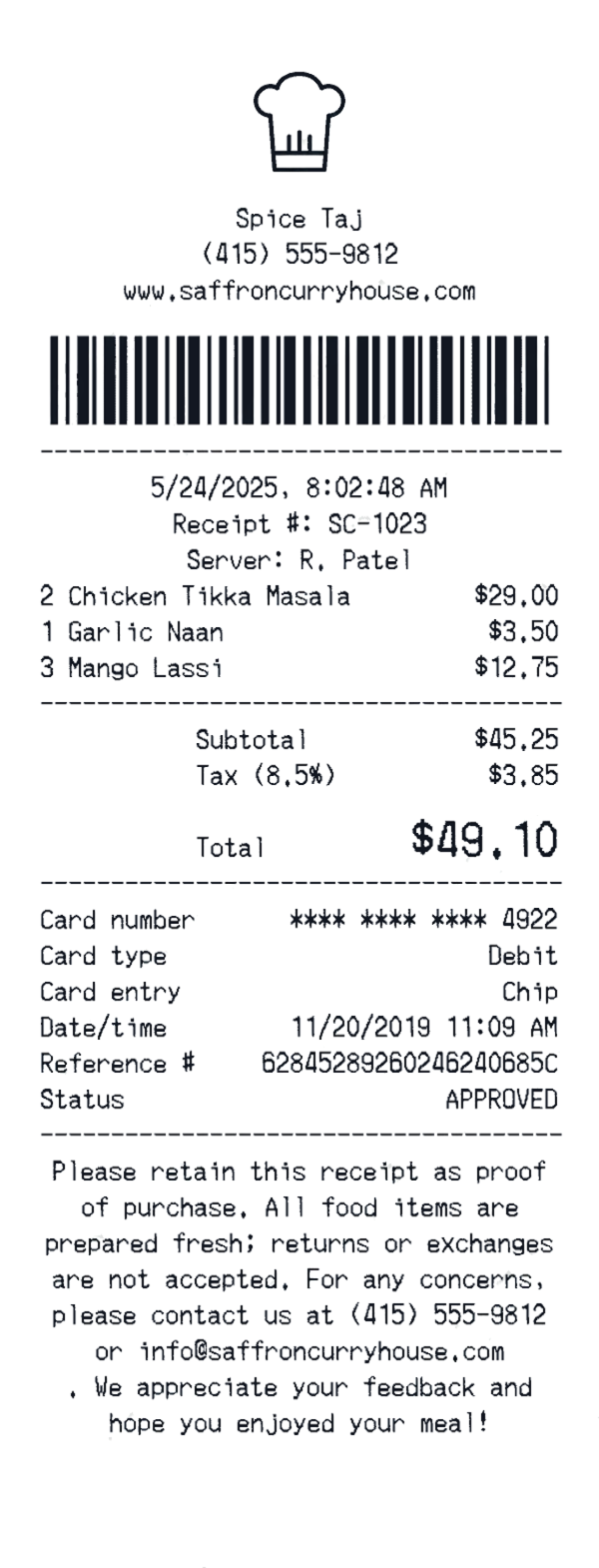 Create a Spice Taj receipt online Spice Taj receipt template preview - free retail receipt generator