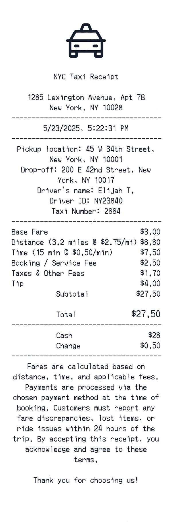 NYC Taxi receipt template preview - free taxi receipt maker