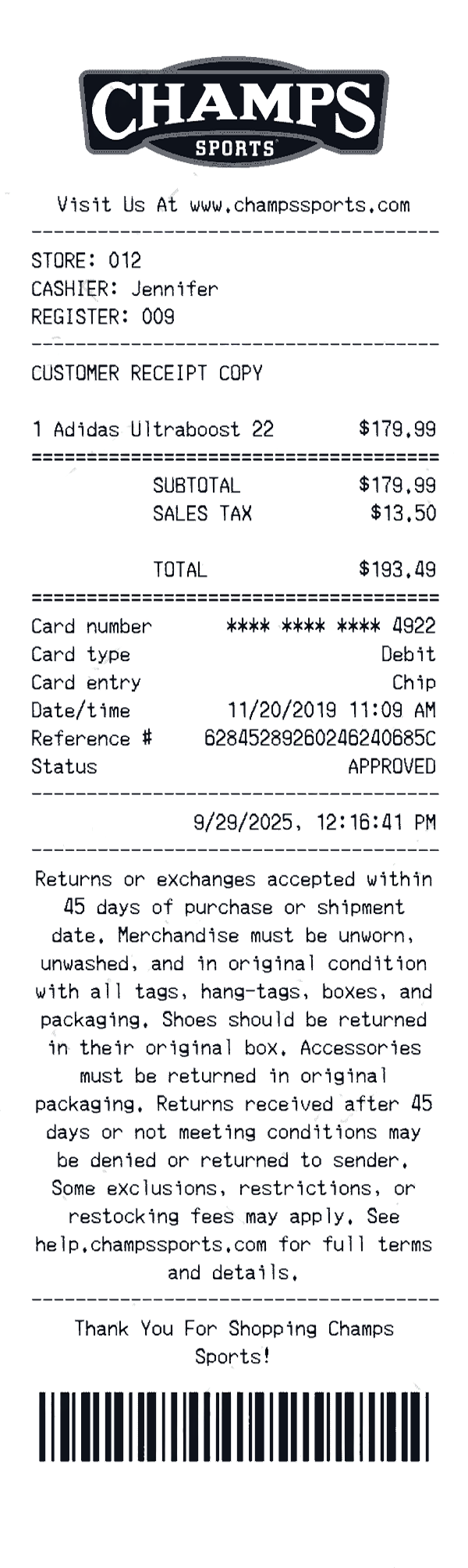 Create a champs sports receipt online champs sports receipt template preview - free retail receipt generator