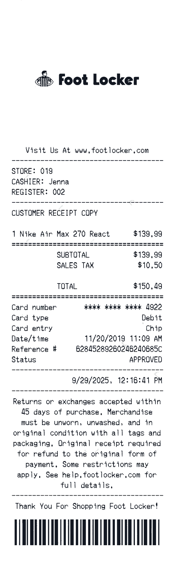 Create a foot locker receipt online foot locker receipt template preview - free retail receipt generator