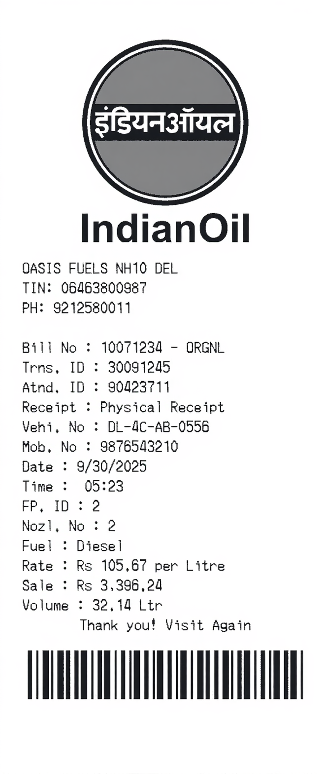 Create a Indian Oil receipt online Indian Oil receipt template preview - free retail receipt generator