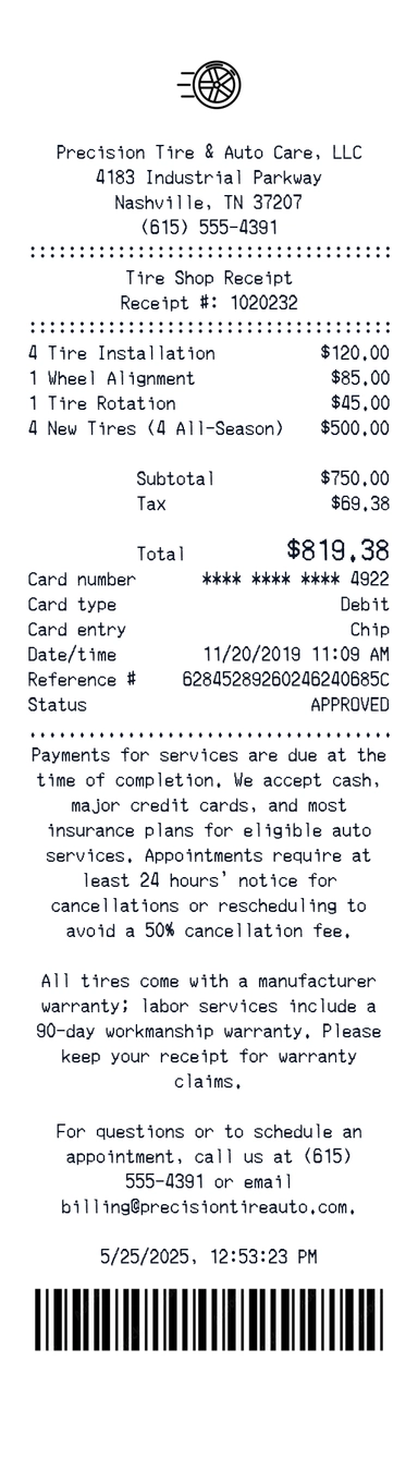 precision Tire & Auto Care receipt template preview - free services receipt maker