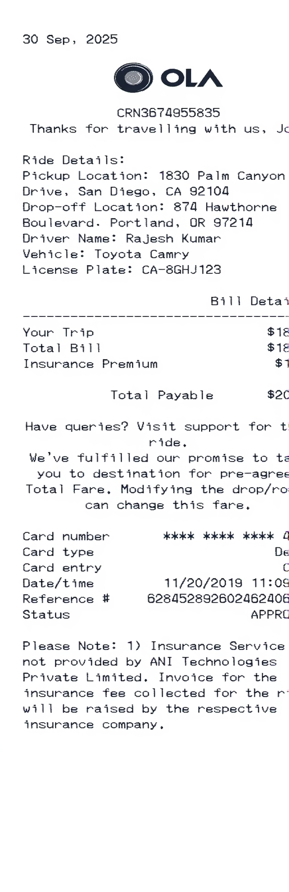 Create a Ola receipt online Ola receipt template preview - free retail receipt generator