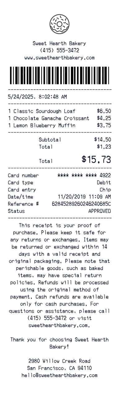Create a Sweet Hearth receipt online Sweet Hearth receipt template preview - free retail receipt generator