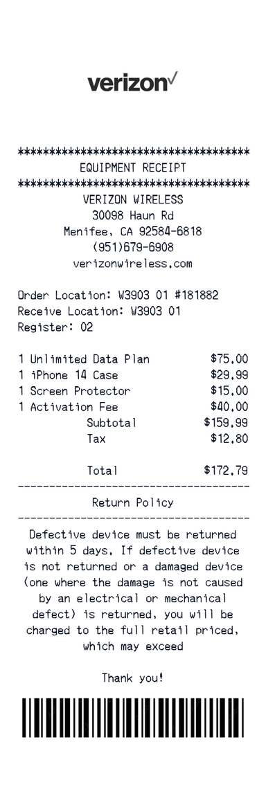 Create a verizon receipt online verizon receipt template preview - free retail receipt generator