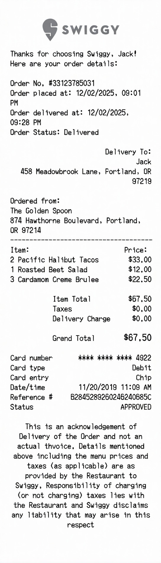 Create a Swiggy receipt online Swiggy receipt template preview - free retail receipt generator