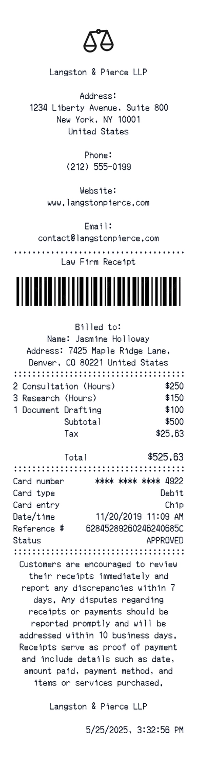 Create a Langston & pierce receipt online Langston & pierce receipt template preview - free retail receipt generator