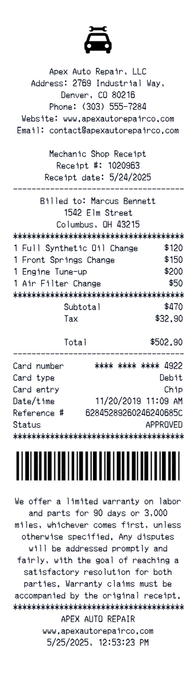 Apex Auto receipt template preview - free services receipt maker