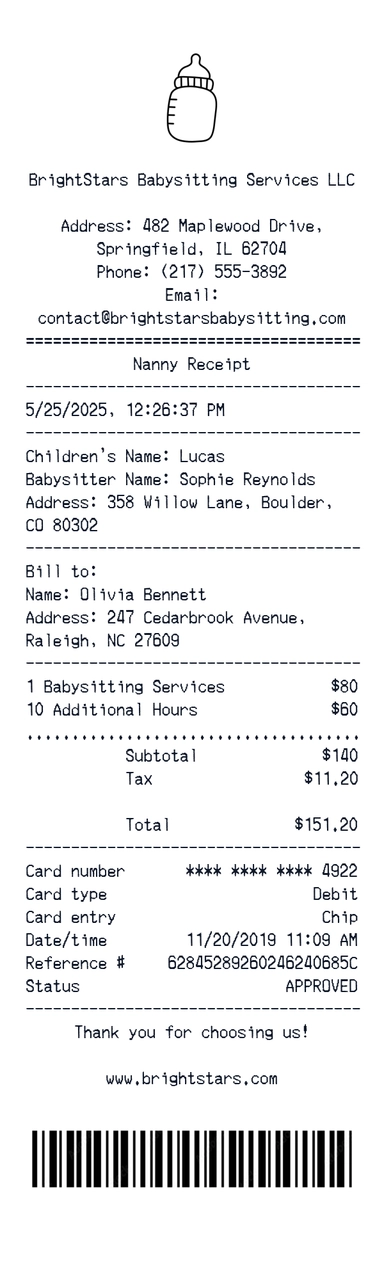 Create a BrightStars Babysitting receipt online BrightStars Babysitting receipt template preview - free retail receipt generator