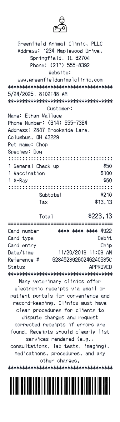 Create a Greenfield Animal Clinic receipt online Greenfield Animal Clinic receipt template preview - free retail receipt generator