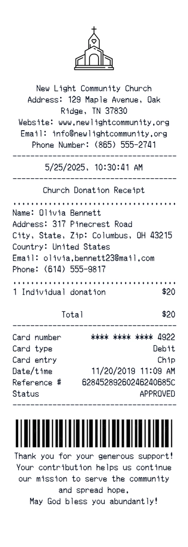Create a New Light Community receipt online New Light Community receipt template preview - free retail receipt generator