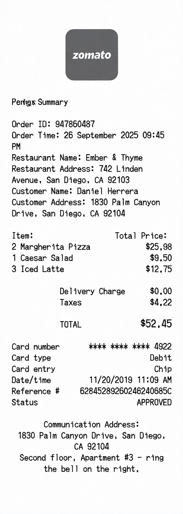 Create a zomato receipt online zomato receipt template preview - free retail receipt generator