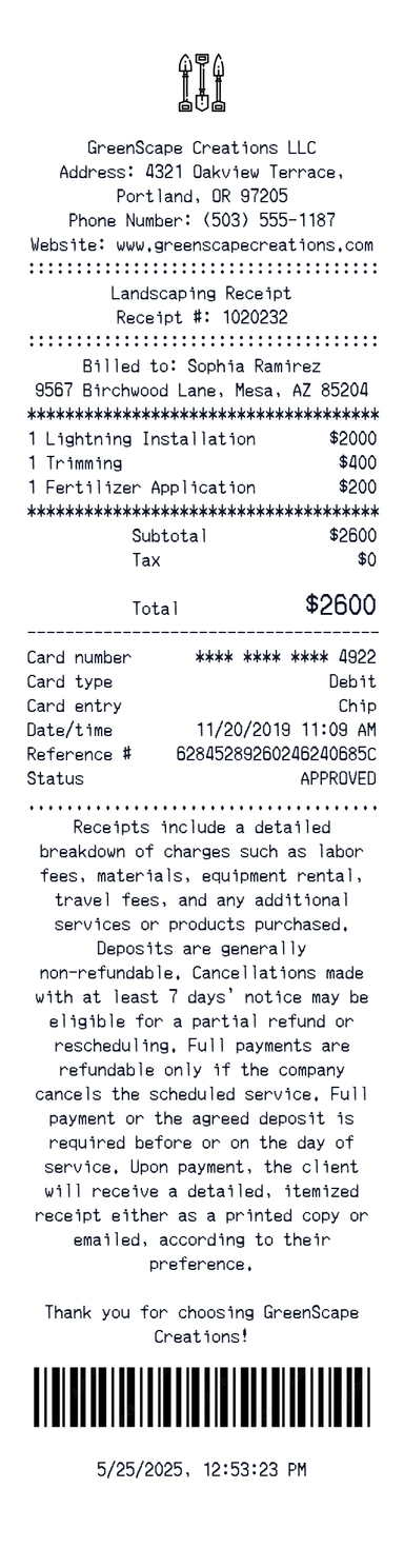 Create a GreenScape Creations receipt online GreenScape Creations receipt template preview - free retail receipt generator