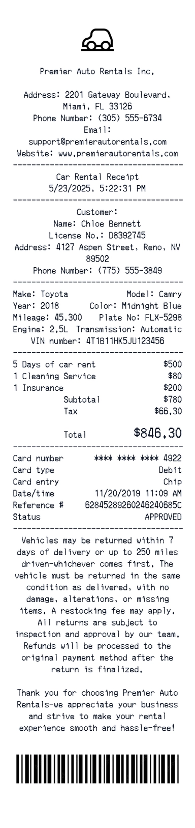 Premier Auto receipt template preview - free services receipt maker