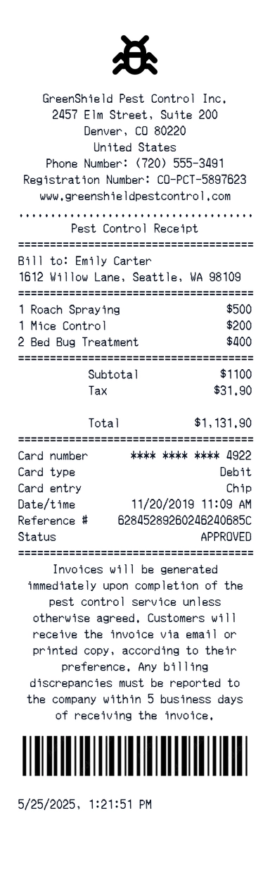 Create a GreenShield Pest Control inc receipt online GreenShield Pest Control inc receipt template preview - free retail receipt generator