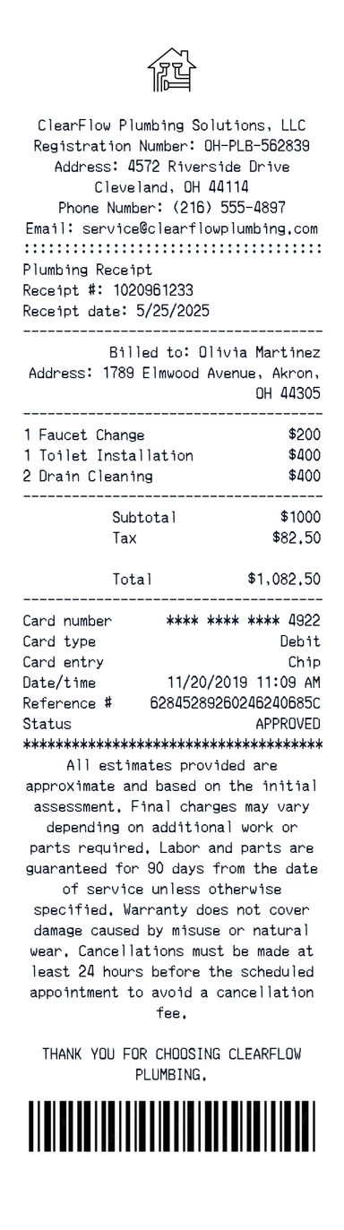 Create a ClearFlow Plumbing receipt online ClearFlow Plumbing receipt template preview - free retail receipt generator