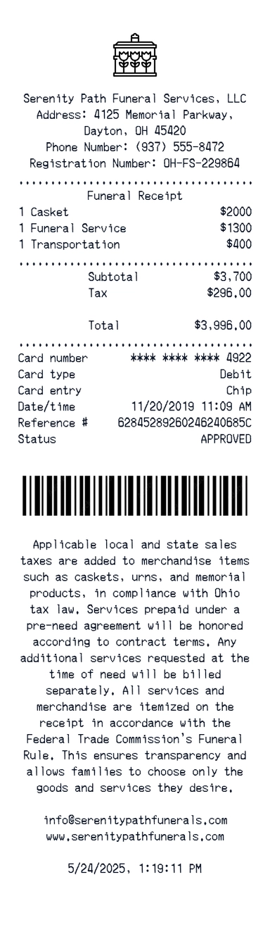 Create a Serenity Path Funeral receipt online Serenity Path Funeral receipt template preview - free retail receipt generator