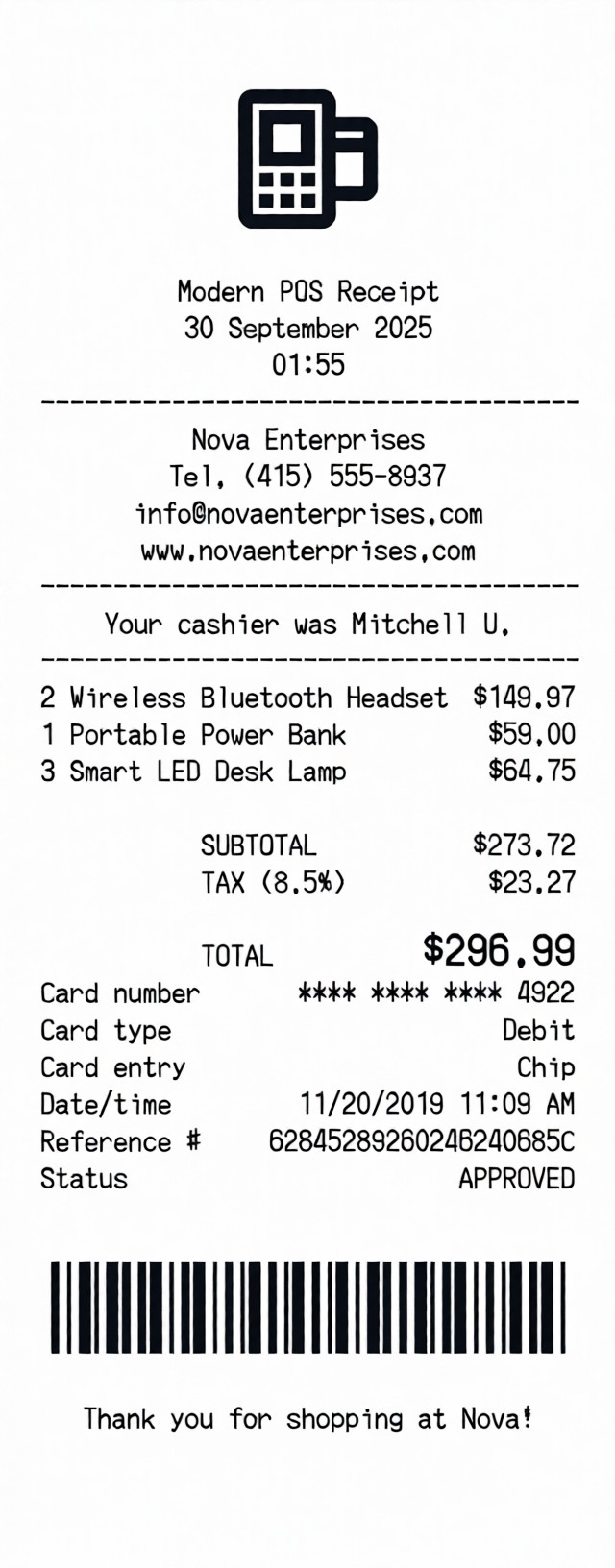 Create a Modern POS receipt online Modern POS receipt template preview - free retail receipt generator