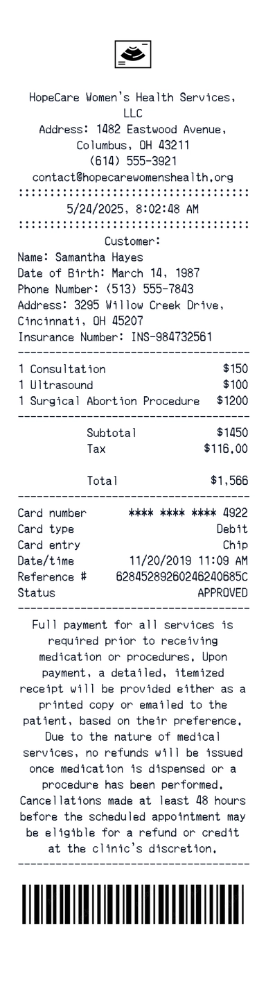 Create a HopeCare Women's Health receipt online HopeCare Women's Health receipt template preview - free retail receipt generator