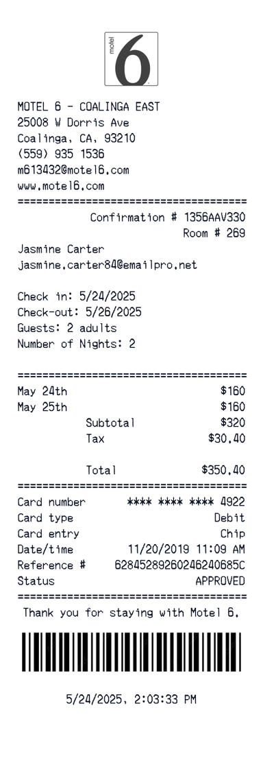 Create a Motel 6 - Coalinga receipt online Motel 6 - Coalinga receipt template preview - free retail receipt generator