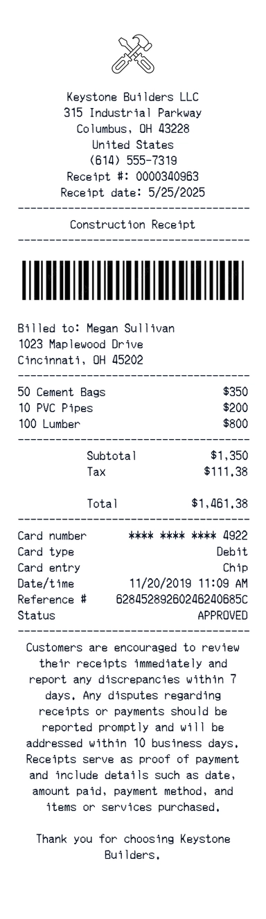 Create a Keystone Builders receipt online Keystone Builders receipt template preview - free retail receipt generator
