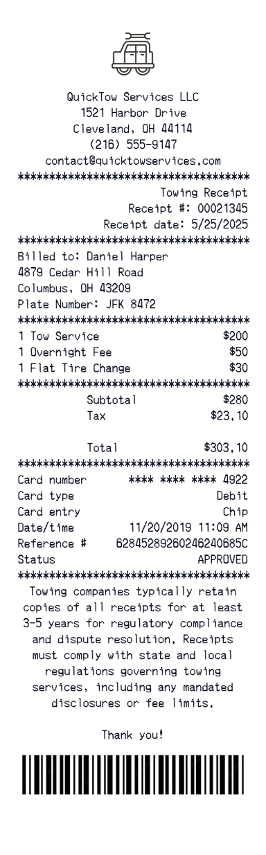Create a QuickTow Serivces receipt online QuickTow Serivces receipt template preview - free retail receipt generator