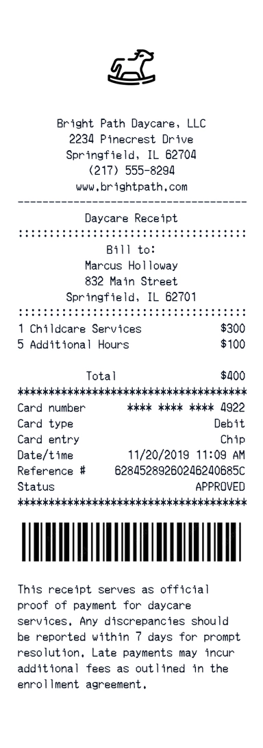 Create a Bright Path Daycare receipt online Bright Path Daycare receipt template preview - free retail receipt generator