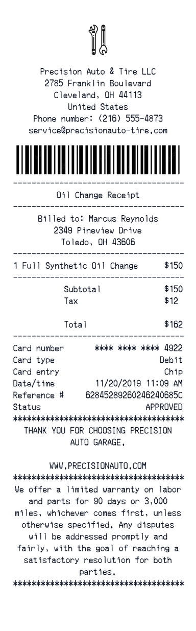 Precision Auto & Tire LLC receipt template preview - free services receipt maker