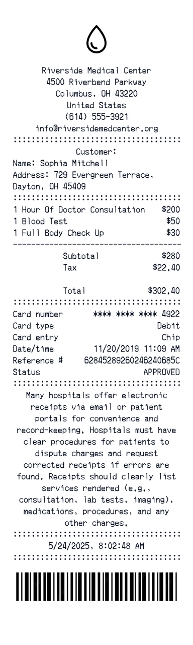 Create a Riverside Medical receipt online Riverside Medical receipt template preview - free retail receipt generator