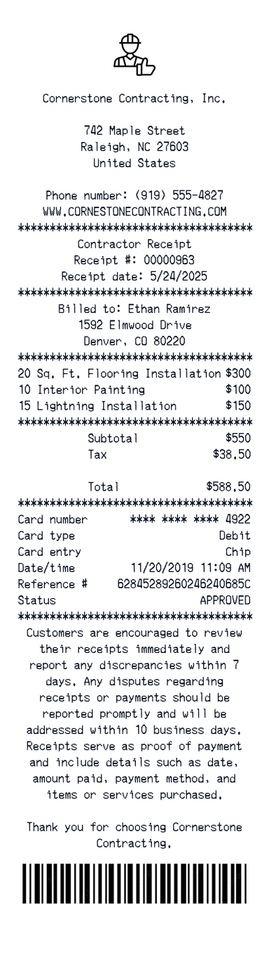 Create a Cornerstone Contracting receipt online Cornerstone Contracting receipt template preview - free retail receipt generator
