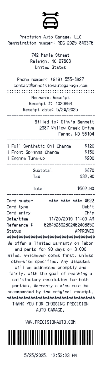 Precision Auto Garage receipt template preview - free services receipt maker