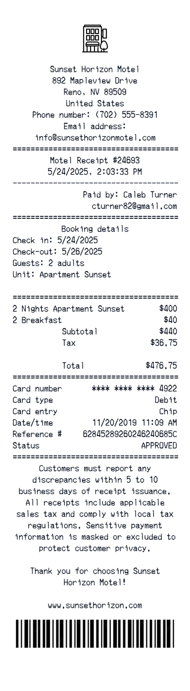 Create a Sunset Horizon Motel receipt online Sunset Horizon Motel receipt template preview - free retail receipt generator