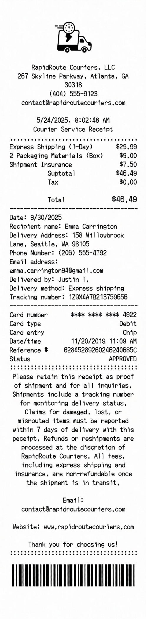 Create a RapidRoute Couriers receipt online RapidRoute Couriers receipt template preview - free retail receipt generator