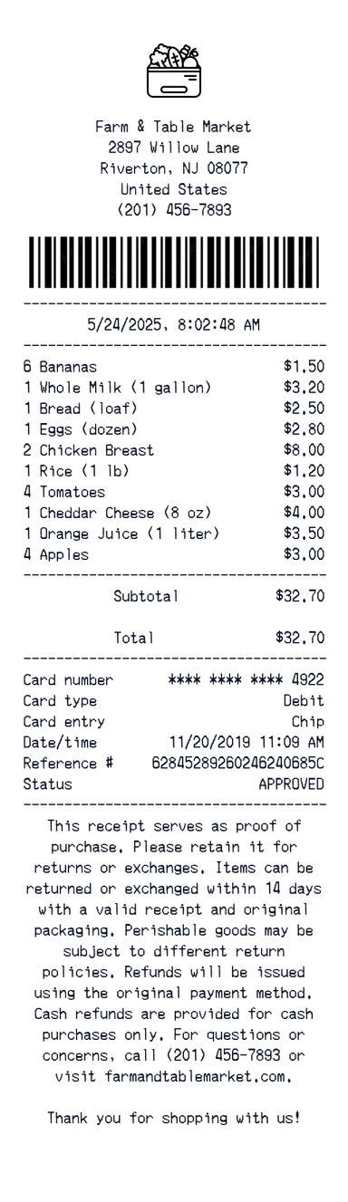 Create a Farm & Table Market receipt online Farm & Table Market receipt template preview - free retail receipt generator