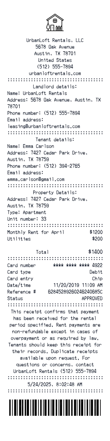 Create a UrbanLoft Rentals receipt online UrbanLoft Rentals receipt template preview - free retail receipt generator