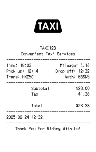 Taxi receipt template preview - free taxi receipt maker