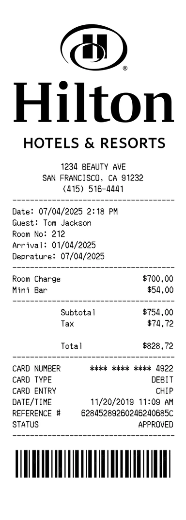 Hilton Hotel receipt template preview - free hotel & travel receipt maker