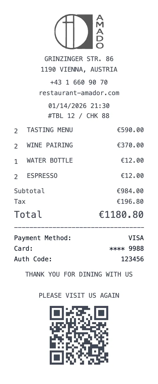 Amador Restaurant receipt template preview - free restaurant receipt maker