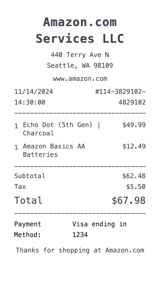 Create a Amazon receipt online Amazon receipt template preview - free retail receipt generator