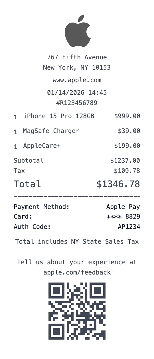 Apple Store receipt template preview - free electronics receipt maker