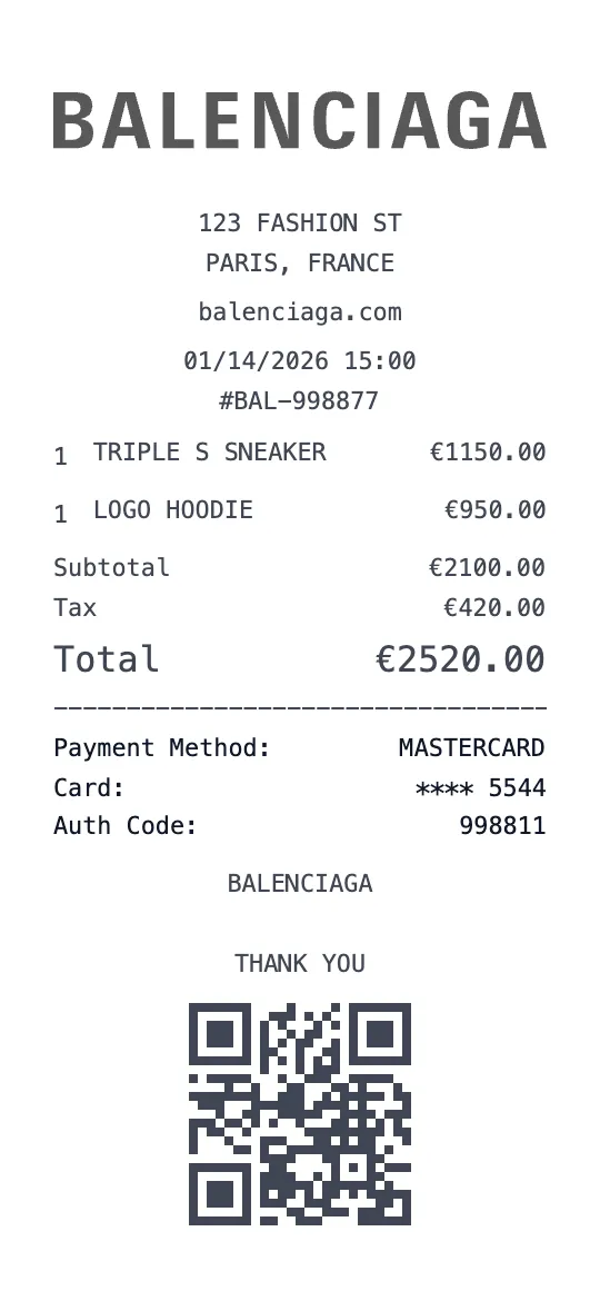 Balenciaga receipt template preview - free luxury receipt maker