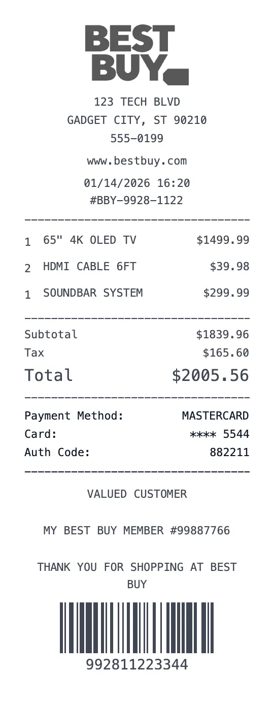 Best Buy receipt template preview - free electronics receipt maker