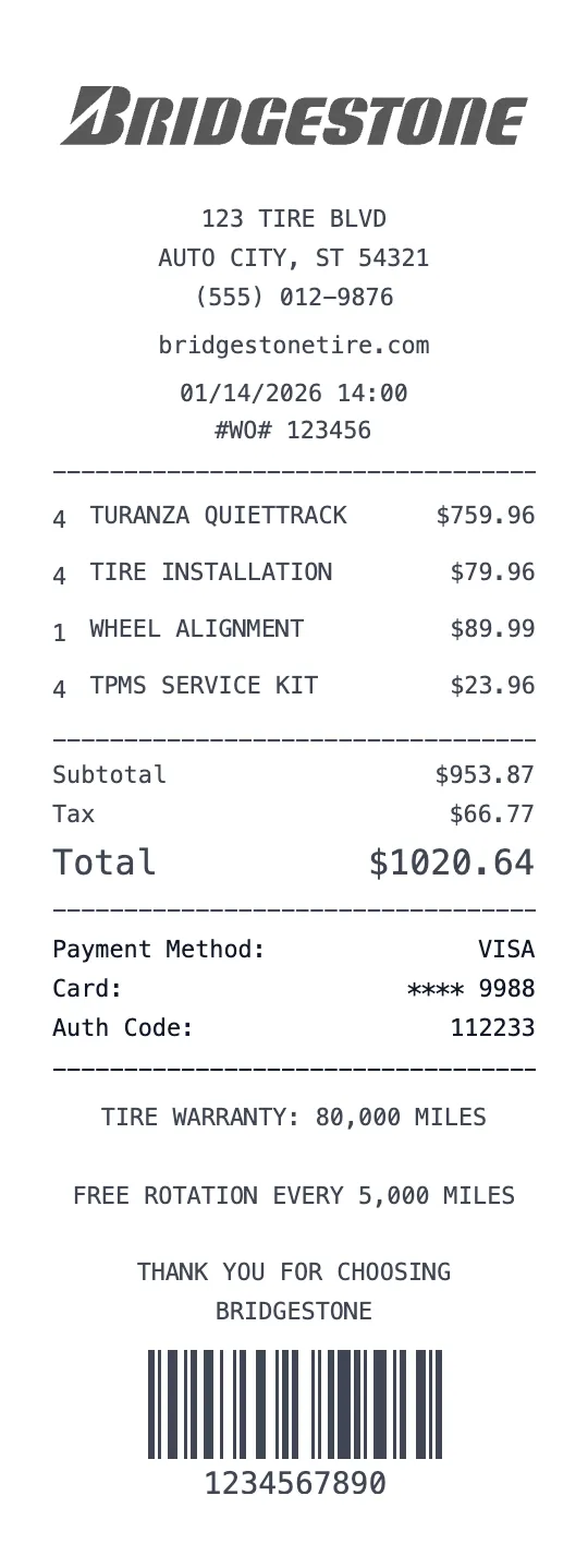 Bridgestone receipt template preview - free automotive receipt maker