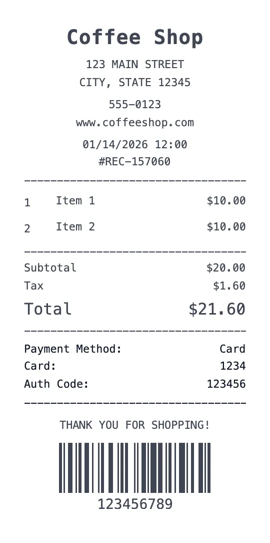 Coffee Shop receipt template preview - free restaurant receipt maker