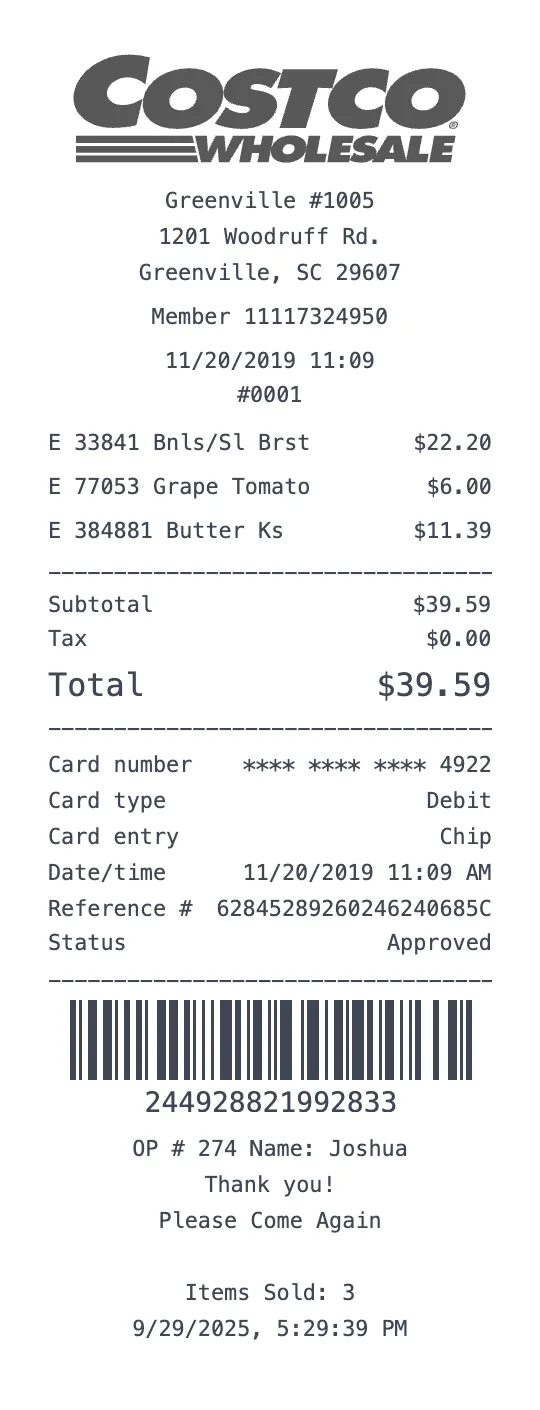 Costco Wholesale receipt template preview - free grocery receipt maker