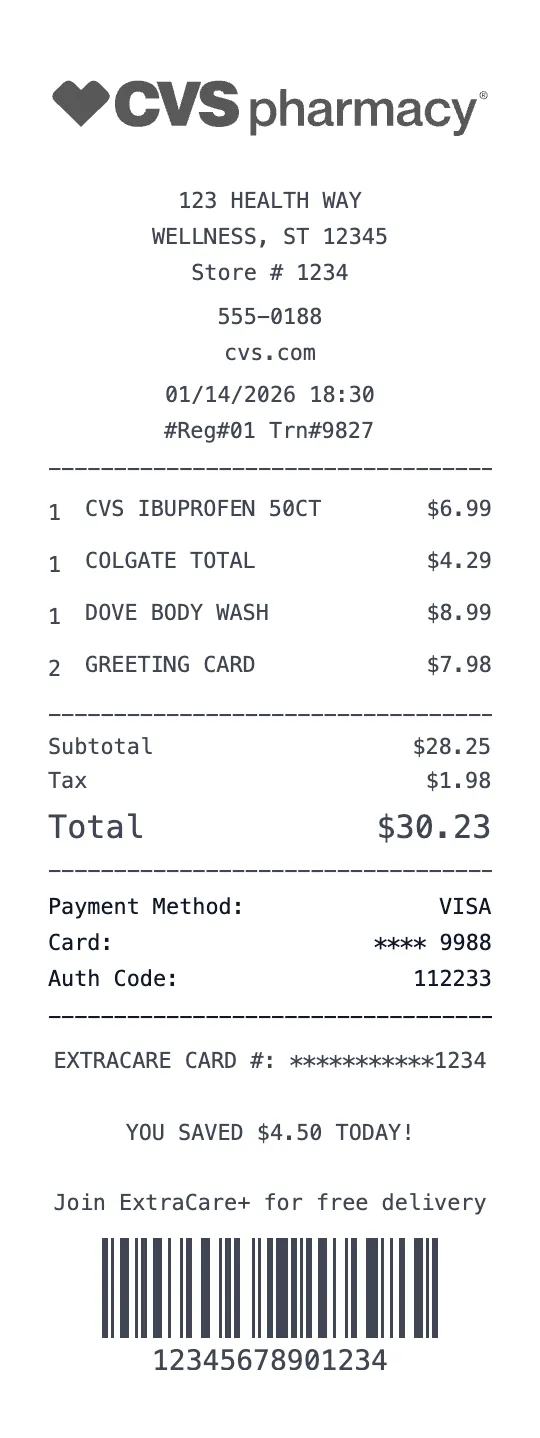 CVS Pharmacy receipt template preview - free pharmacy receipt generator