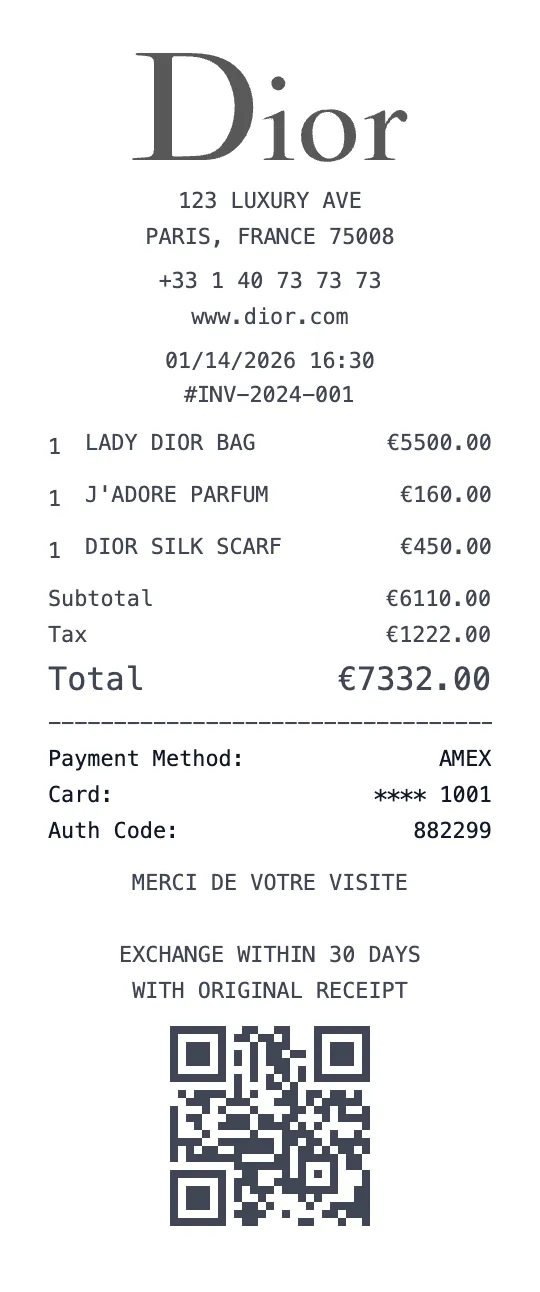 Dior receipt template preview - free luxury receipt maker